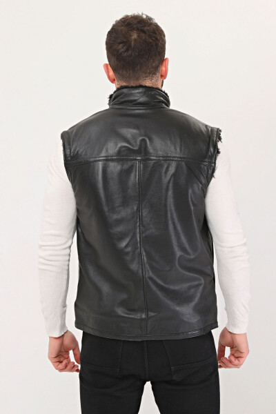 Genuine leather, fur detailed, mandarin collar, fur lined vest. - 5