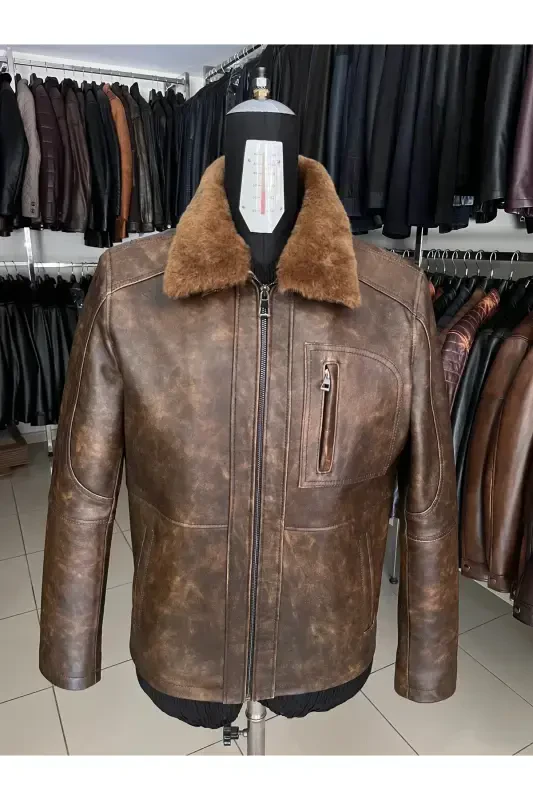 Genuine leather, fur-lined, stand-up collar men's jacket. - LİDYA DERİ