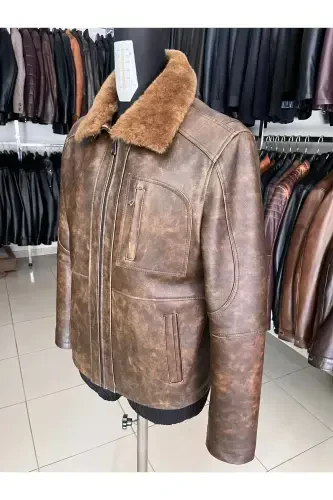 Genuine leather, fur-lined, stand-up collar men's jacket. - LİDYA DERİ (1)