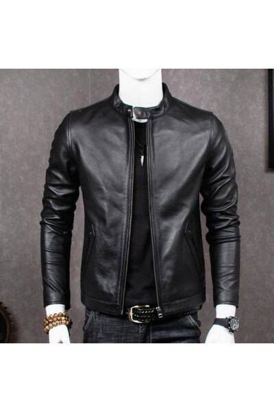 Genuine Leather Jacket Black Mandarin Collar Men - 1