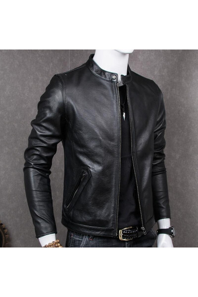 Genuine Leather Jacket Black Mandarin Collar Men - 2