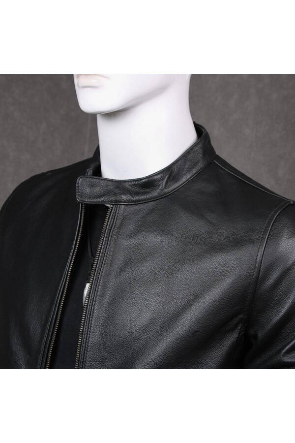 Genuine Leather Jacket Black Mandarin Collar Men - 3