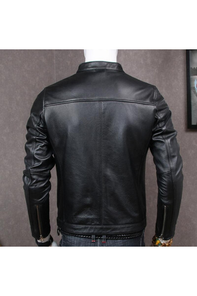 Genuine Leather Jacket Black Mandarin Collar Men - 4