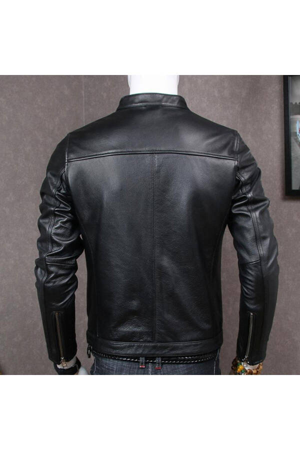 Genuine Leather Jacket Black Mandarin Collar Men - 4