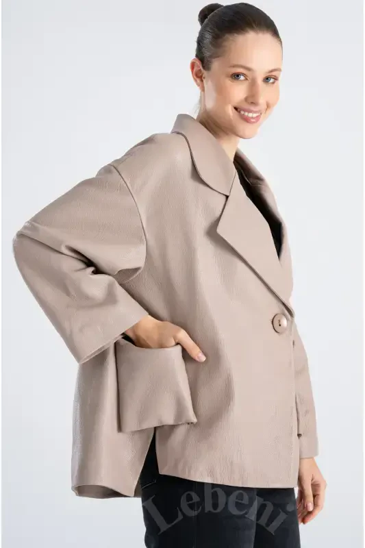 Genuine Leather Jacket Women - Single Button Oversize Leather Jacket Women's Seasonal-Beige Mink Color Single Button Oversize Jacket - 1
