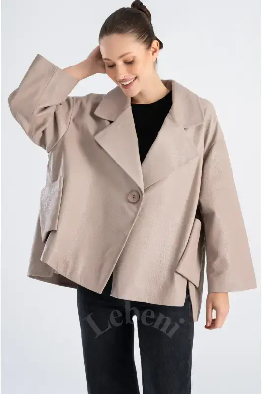 Genuine Leather Jacket Women - Single Button Oversize Leather Jacket Women's Seasonal-Beige Mink Color Single Button Oversize Jacket - 2