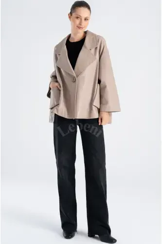 Genuine Leather Jacket Women - Single Button Oversize Leather Jacket Women's Seasonal-Beige Mink Color Single Button Oversize Jacket - 3