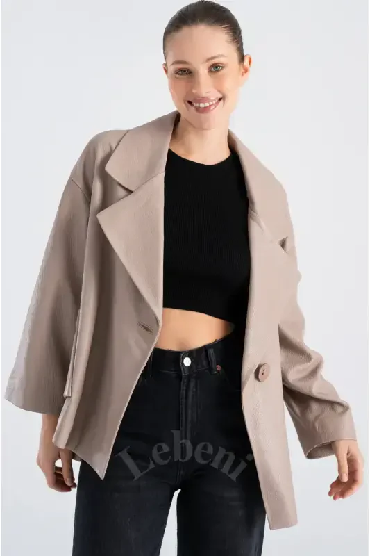 Genuine Leather Jacket Women - Single Button Oversize Leather Jacket Women's Seasonal-Beige Mink Color Single Button Oversize Jacket - 4