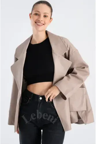 Genuine Leather Jacket Women - Single Button Oversize Leather Jacket Women's Seasonal-Beige Mink Color Single Button Oversize Jacket - 5