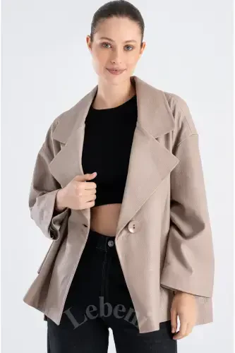 Genuine Leather Jacket Women - Single Button Oversize Leather Jacket Women's Seasonal-Beige Mink Color Single Button Oversize Jacket - 6