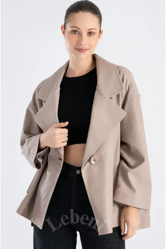 Genuine Leather Jacket Women - Single Button Oversize Leather Jacket Women's Seasonal-Beige Mink Color Single Button Oversize Jacket - 6