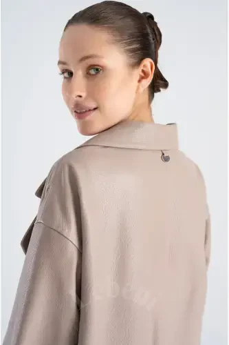 Genuine Leather Jacket Women - Single Button Oversize Leather Jacket Women's Seasonal-Beige Mink Color Single Button Oversize Jacket - 7