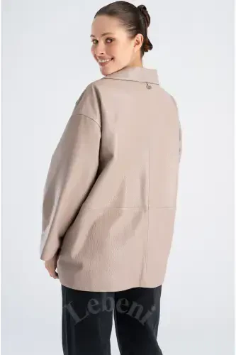 Genuine Leather Jacket Women - Single Button Oversize Leather Jacket Women's Seasonal-Beige Mink Color Single Button Oversize Jacket - 8