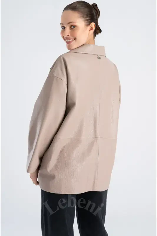 Genuine Leather Jacket Women - Single Button Oversize Leather Jacket Women's Seasonal-Beige Mink Color Single Button Oversize Jacket - 8