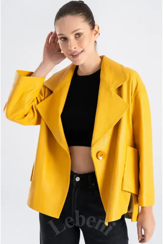 Genuine Leather Jacket Women - Single Button Oversize Seasonal Yellow Leather Jacket Women - Yellow Single Button Oversize Jacket Women - LEBENI