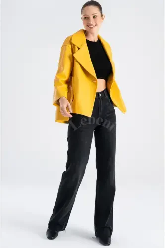 Genuine Leather Jacket Women - Single Button Oversize Seasonal Yellow Leather Jacket Women - Yellow Single Button Oversize Jacket Women - LEBENI (1)