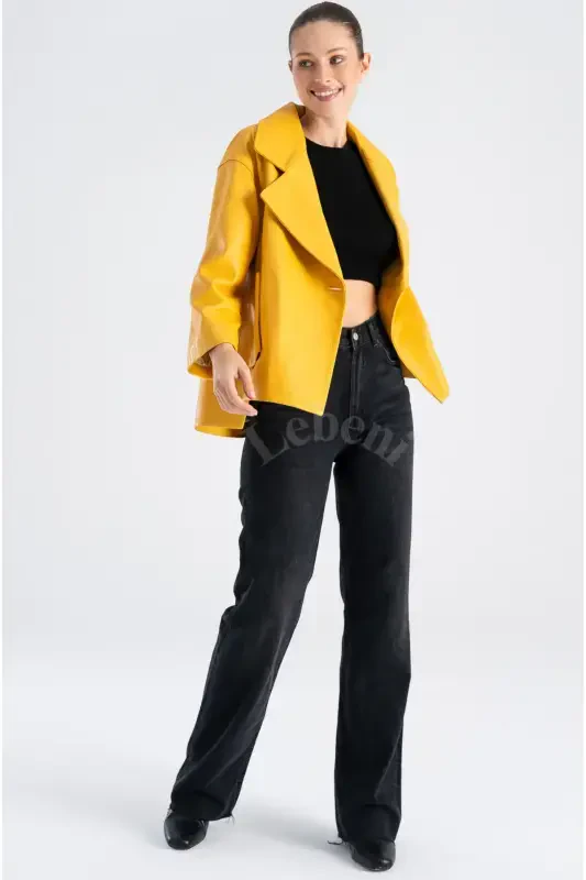 Genuine Leather Jacket Women - Single Button Oversize Seasonal Yellow Leather Jacket Women - Yellow Single Button Oversize Jacket Women - 2