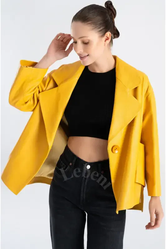 Genuine Leather Jacket Women - Single Button Oversize Seasonal Yellow Leather Jacket Women - Yellow Single Button Oversize Jacket Women - 3