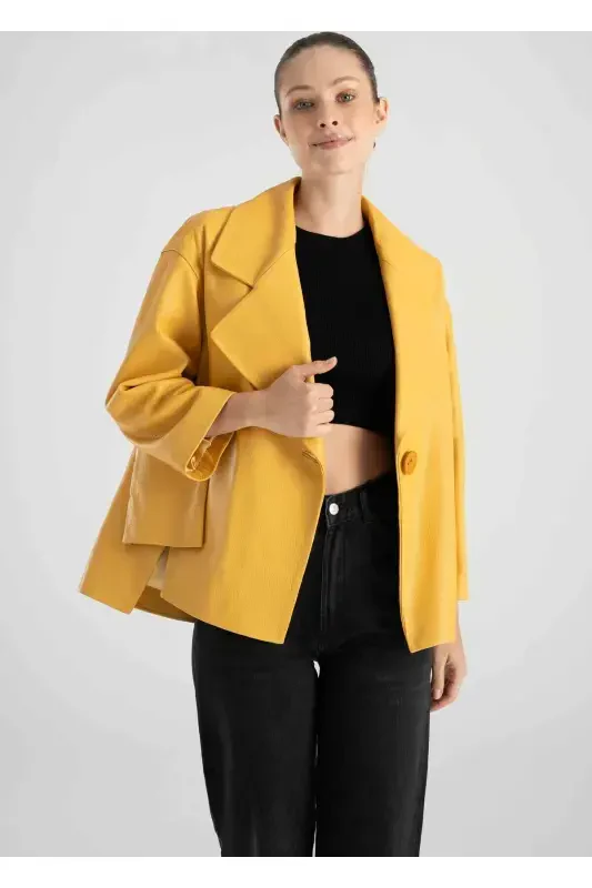 Genuine Leather Jacket Women - Single Button Oversize Seasonal Yellow Leather Jacket Women - Yellow Single Button Oversize Jacket Women - 4
