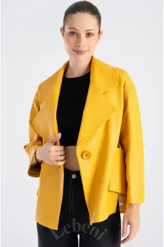 Genuine Leather Jacket Women - Single Button Oversize Seasonal Yellow Leather Jacket Women - Yellow Single Button Oversize Jacket Women - 5