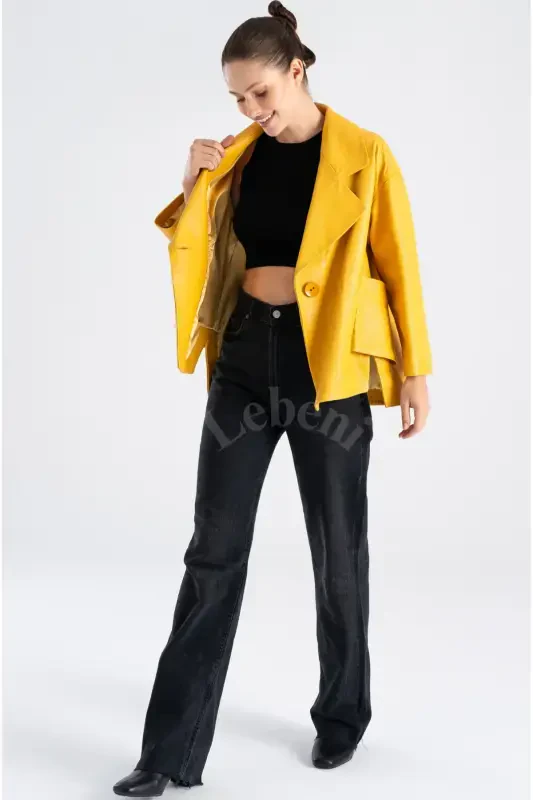 Genuine Leather Jacket Women - Single Button Oversize Seasonal Yellow Leather Jacket Women - Yellow Single Button Oversize Jacket Women - 6