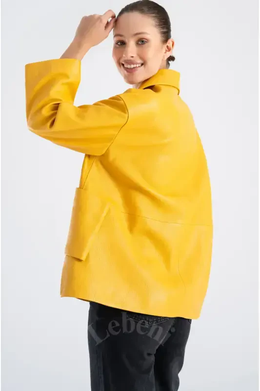 Genuine Leather Jacket Women - Single Button Oversize Seasonal Yellow Leather Jacket Women - Yellow Single Button Oversize Jacket Women - 7