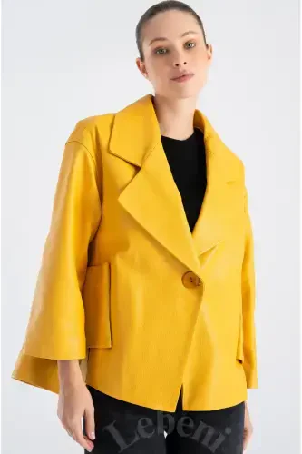 Genuine Leather Jacket Women - Single Button Oversize Seasonal Yellow Leather Jacket Women - Yellow Single Button Oversize Jacket Women - 8