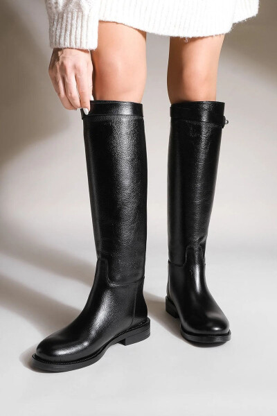 Genuine leather, knee-high, classic Perla black women's boot. - 1