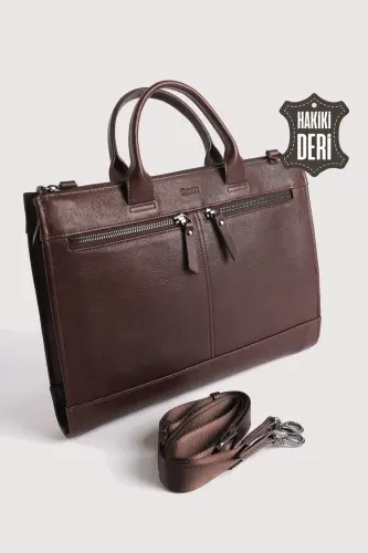 Genuine Leather Men's Briefcase Brown SMR6981 - Dark Brown - 4