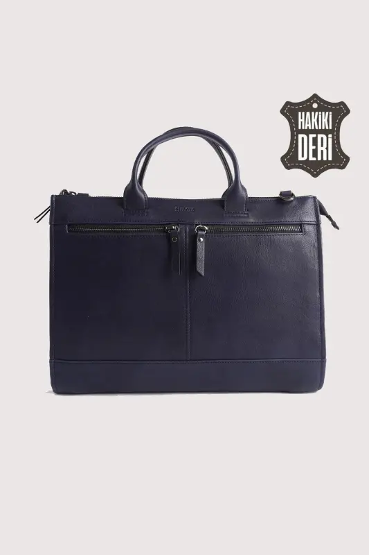 Genuine Leather Men's Briefcase-Navy Blue - 1
