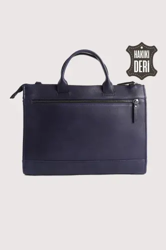 Genuine Leather Men's Briefcase-Navy Blue - 3