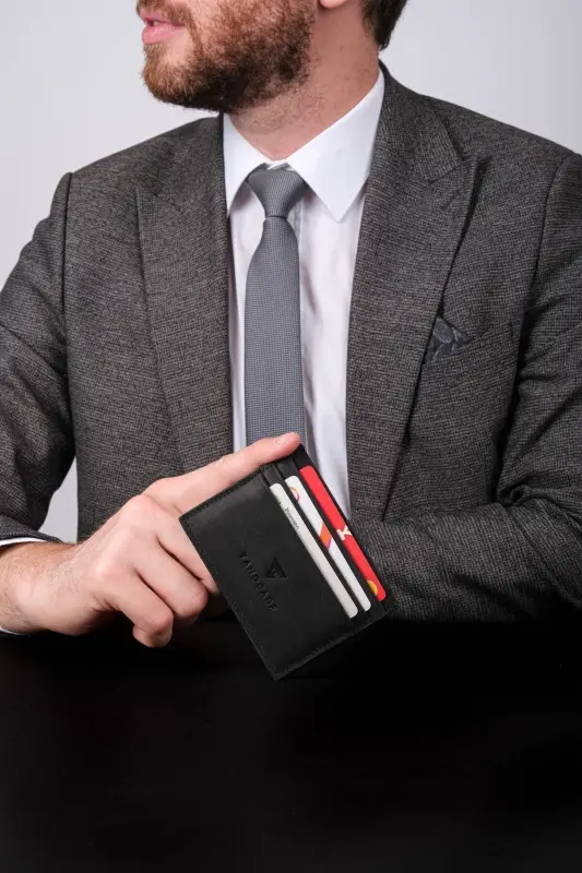 Genuine Leather Men's Cardholder Wallet Rfid Protected Handmade and Slim Design Black-Black - 7