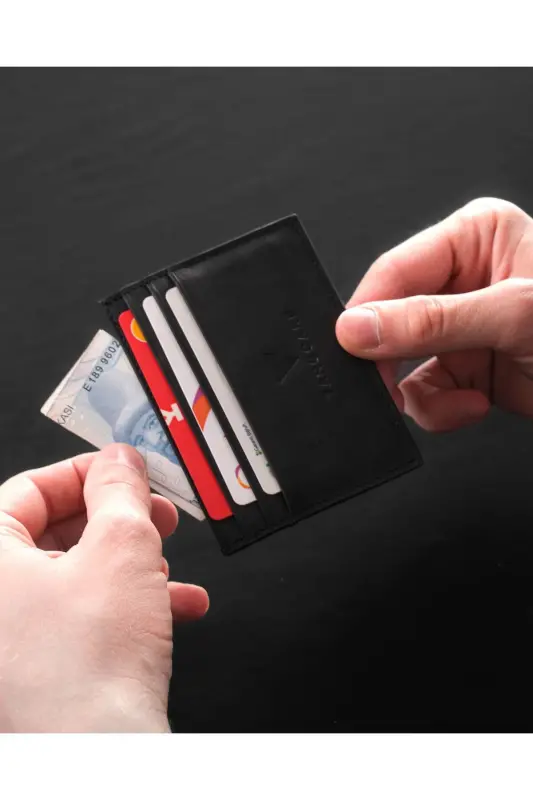 Genuine Leather Men's Cardholder Wallet Rfid Protected Handmade and Slim Design Black-Black - 3