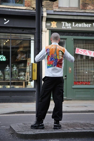 Genuine leather men's jacket, custom hand-drawn digital print, zippered lining. - 3