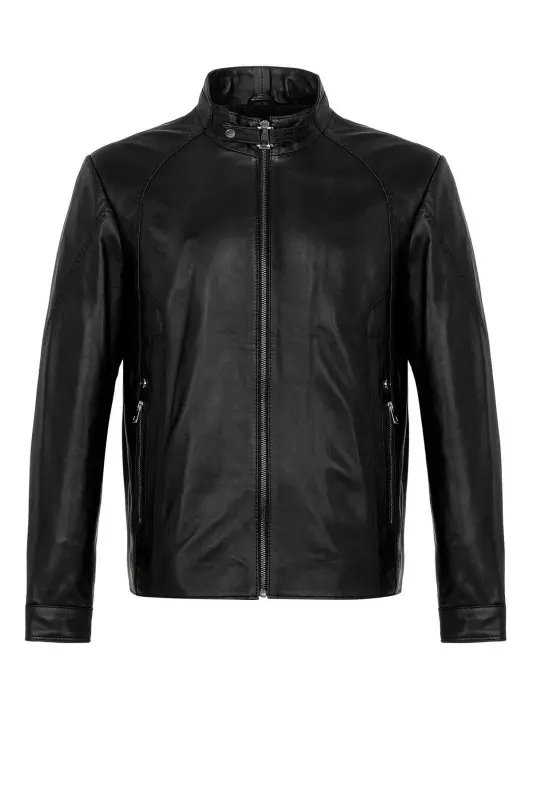 Genuine leather men's jacket with black jade collar buckle. - 7