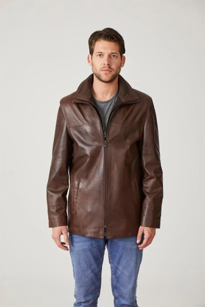 Genuine leather men's jacket, zipper closure, knit collar. - DERIDERIM
