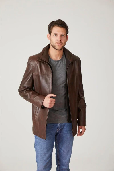 Genuine leather men's jacket, zipper closure, knit collar. - DERIDERIM (1)