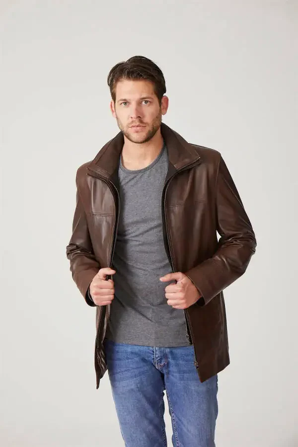 Genuine leather men's jacket, zipper closure, knit collar. - 3