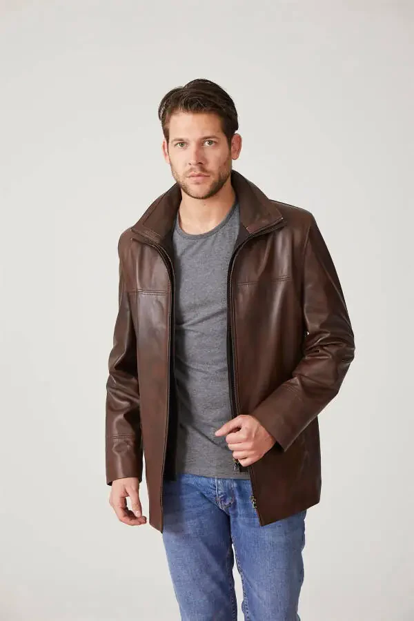 Genuine leather men's jacket, zipper closure, knit collar. - 4