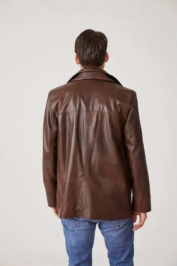 Genuine leather men's jacket, zipper closure, knit collar. - 5