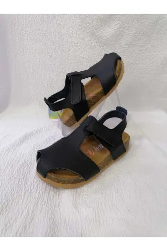 GENUINE LEATHER ORTHOPEDIC CORK SOLE CLOSED-TOE SANDALS - NAVY BLUE - 1