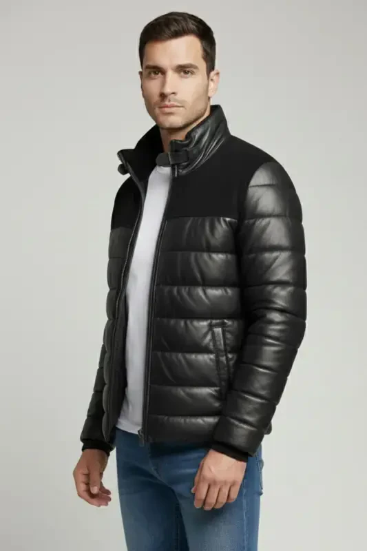 Genuine leather, short, lapel collar men's coat. - DERIDERIM