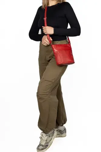 Genuine Leather Shoulder Bag Crossbody Messenger Multi Pocket Handbag Adjustable Strap Handle 22*20 Height*Width-red - 1