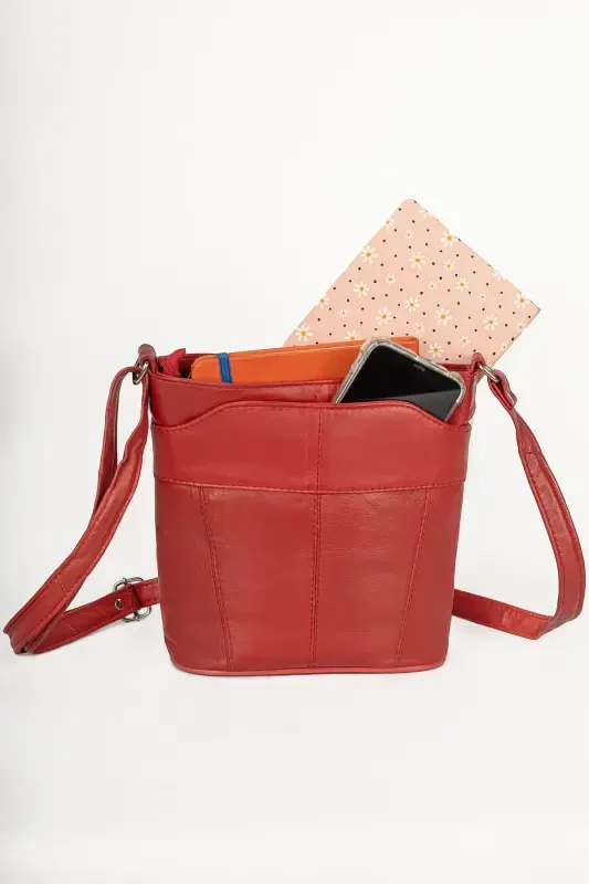 Genuine Leather Shoulder Bag Crossbody Messenger Multi Pocket Handbag Adjustable Strap Handle 22*20 Height*Width-red - 2