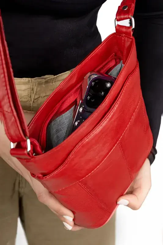 Genuine Leather Shoulder Bag Crossbody Messenger Multi Pocket Handbag Adjustable Strap Handle 22*20 Height*Width-red - 3