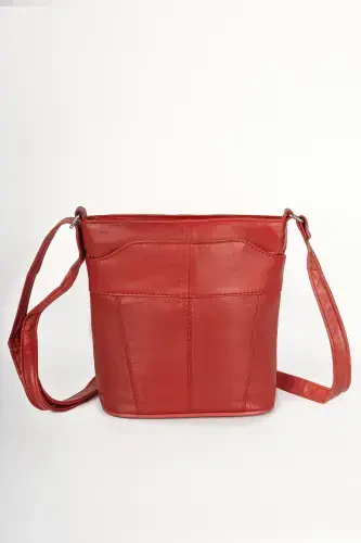 Genuine Leather Shoulder Bag Crossbody Messenger Multi Pocket Handbag Adjustable Strap Handle 22*20 Height*Width-red - 4