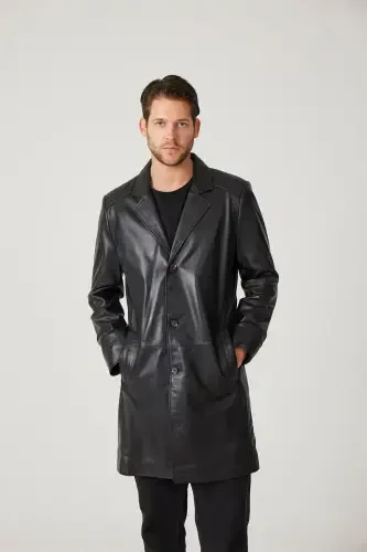 Genuine leather trench coat, black, with Tarkan buttons and lining. - 1