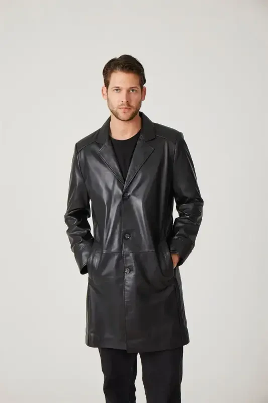 Genuine leather trench coat, black, with Tarkan buttons and lining. - 1