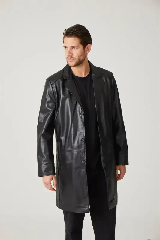 Genuine leather trench coat, black, with Tarkan buttons and lining. - 3