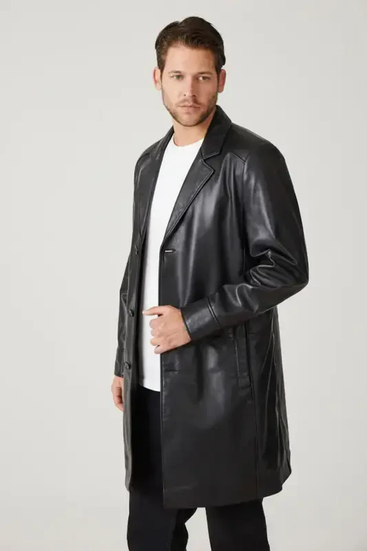 Genuine leather trench coat, black, with Tarkan buttons and lining. - 4